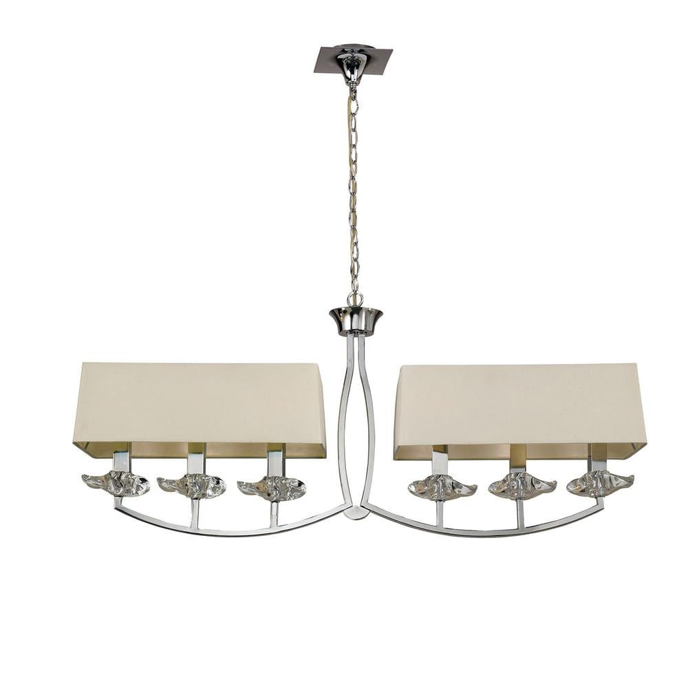 Akira Linear Pendant 2 Arm 6 Light E14 Polished Chrome With Cream Shades Mantra