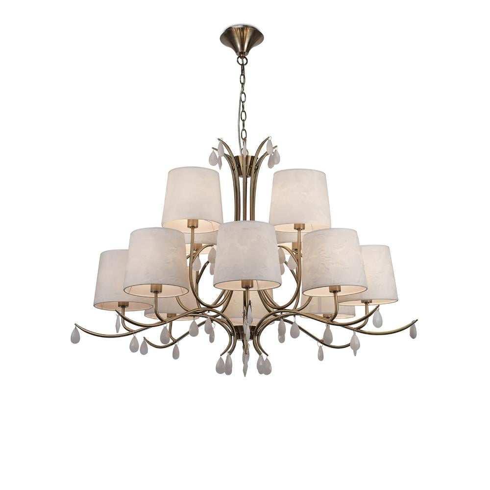 Andrea Pendant 100cm Round 8+4 x E14 (Max 20W) Antique Brass White Shades White Crystal Droplets Mantra