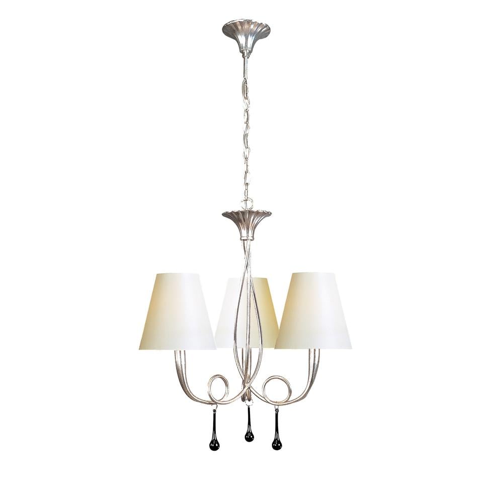 Paola Pendant 3 Light E14 Silver Painted With Cream Shades & Black Glass Droplets Mantra