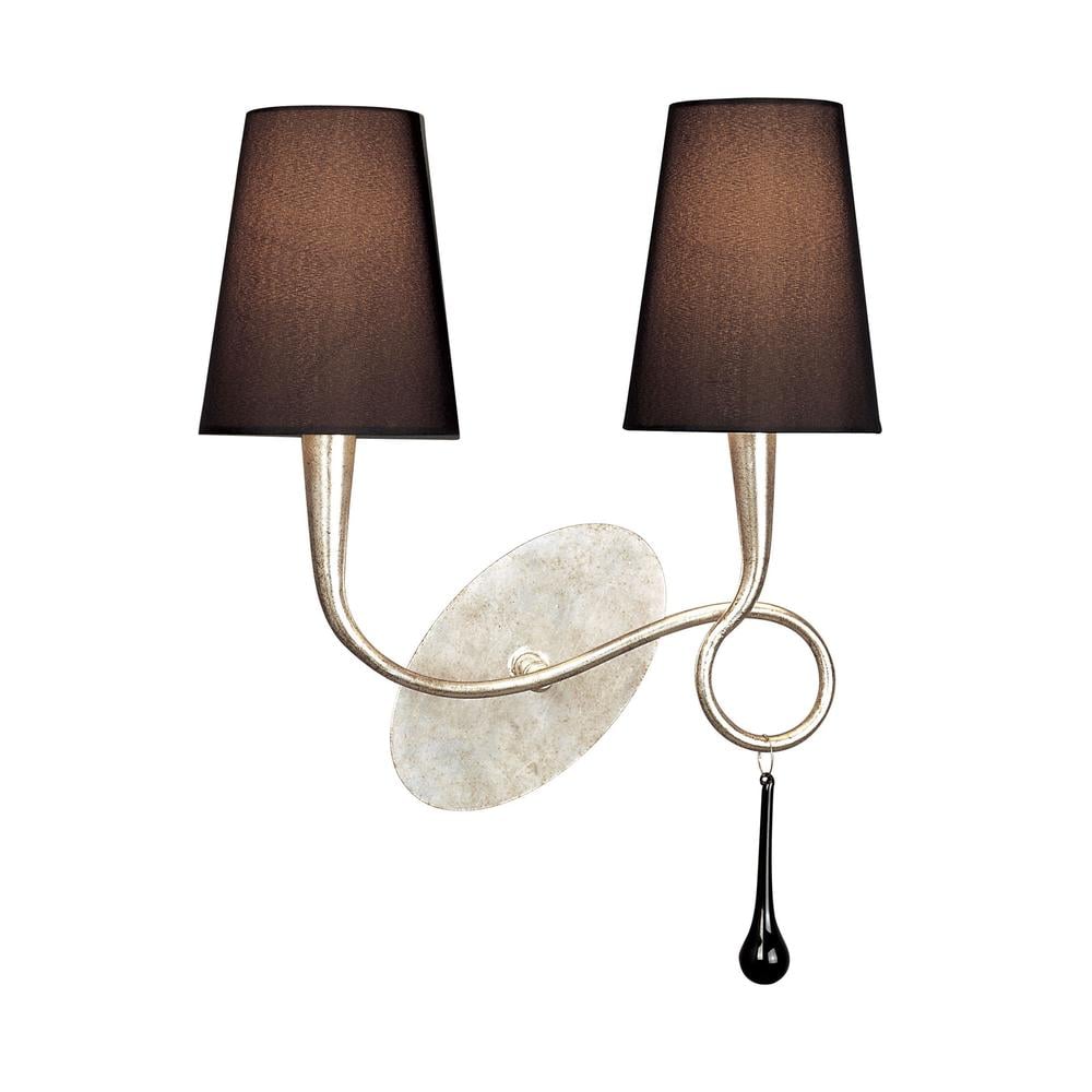 Paola Wall Light 2 Light E14 Silver Painted With Black Shades & Black Glass Droplets Mantra