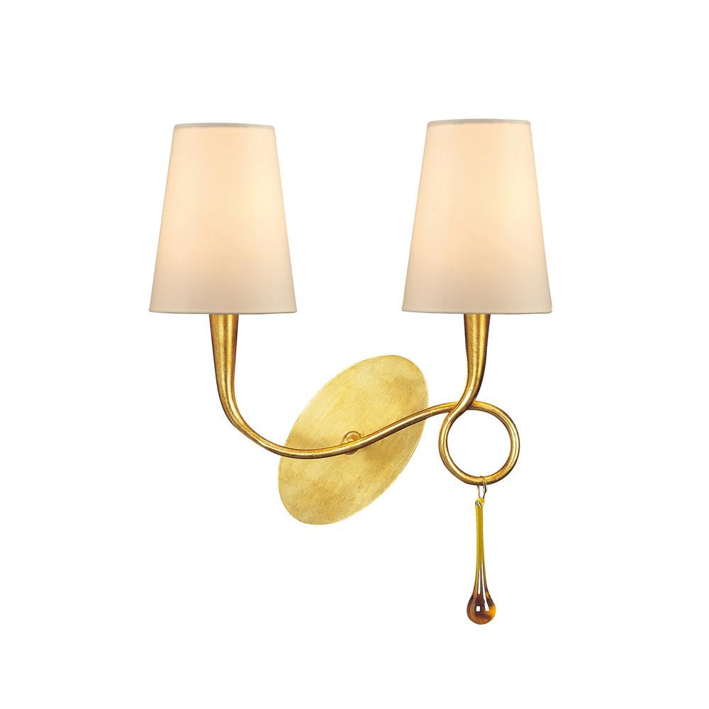 Paola Wall Light Switched 2 Light E14 Gold Painted With Cream Shades & Amber Glass Droplets Mantra