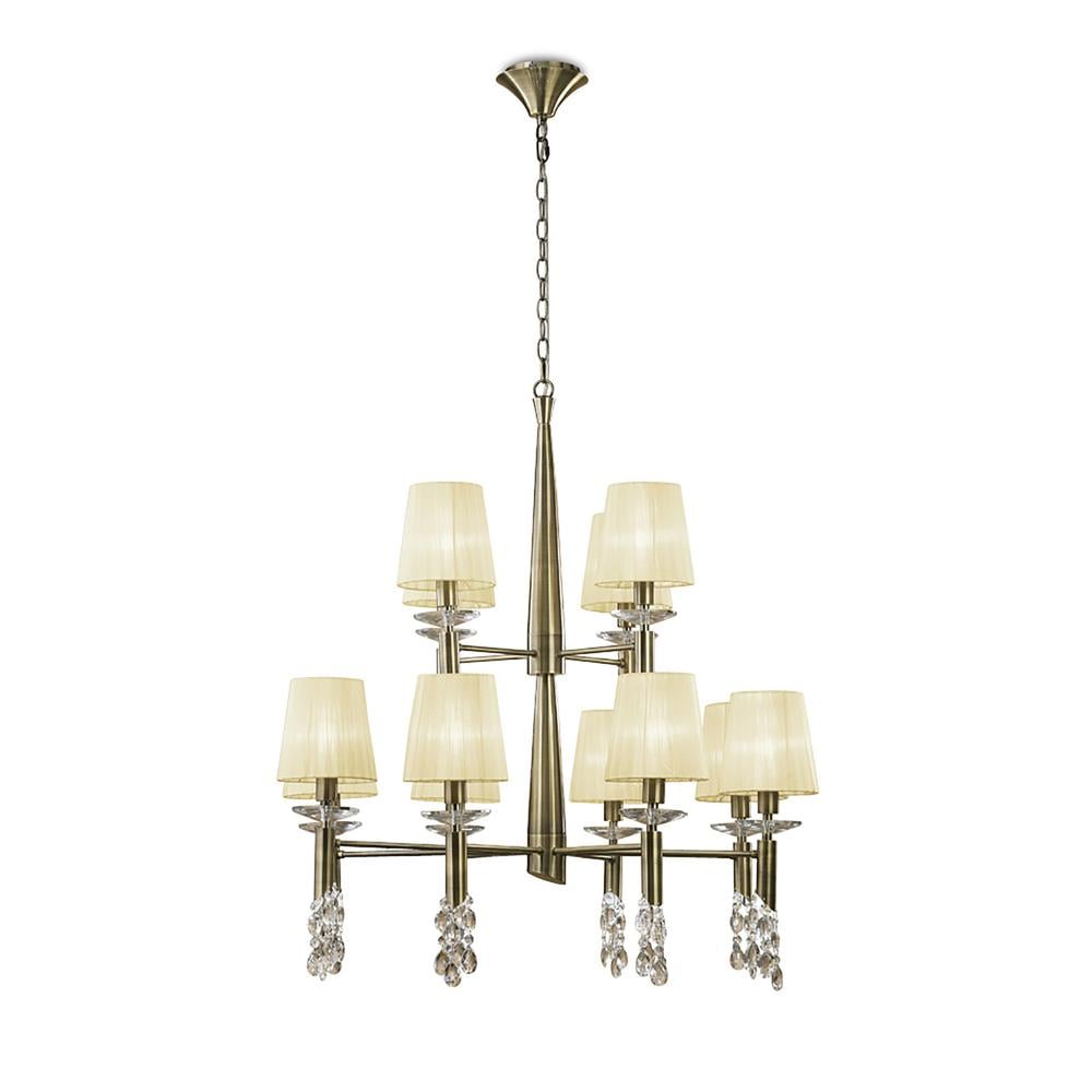 Tiffany Pendant 2 Tier 12+12 Light E14+G9 Antique Brass With Cream Shades & Clear Crystal Mantra