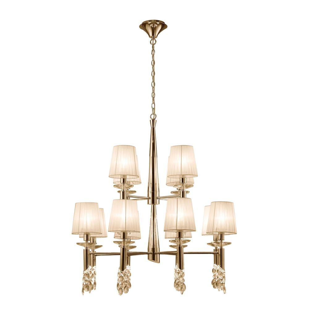 Tiffany Pendant 2 Tier 12+12 Light E14+G9 French Gold With Cream Shades & Clear Crystal Mantra