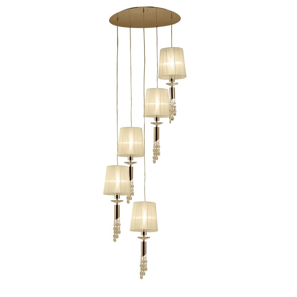 Tiffany Pendant 5+5 Light E27+G9 Spiral French Gold With Cream Shades & Clear Crystal Mantra